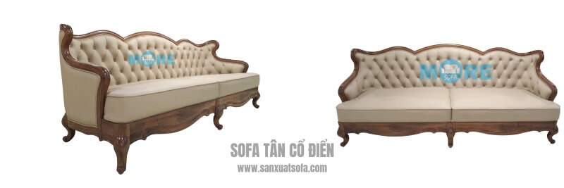 Sản xuất hoàn thiện Sofa văng tân cổ điển MS-006 gỗ tự nhiên Óc chó, bọc da thật nhập khẩu cao cấp cho phòng khách chung cư sofa tân cổ điển