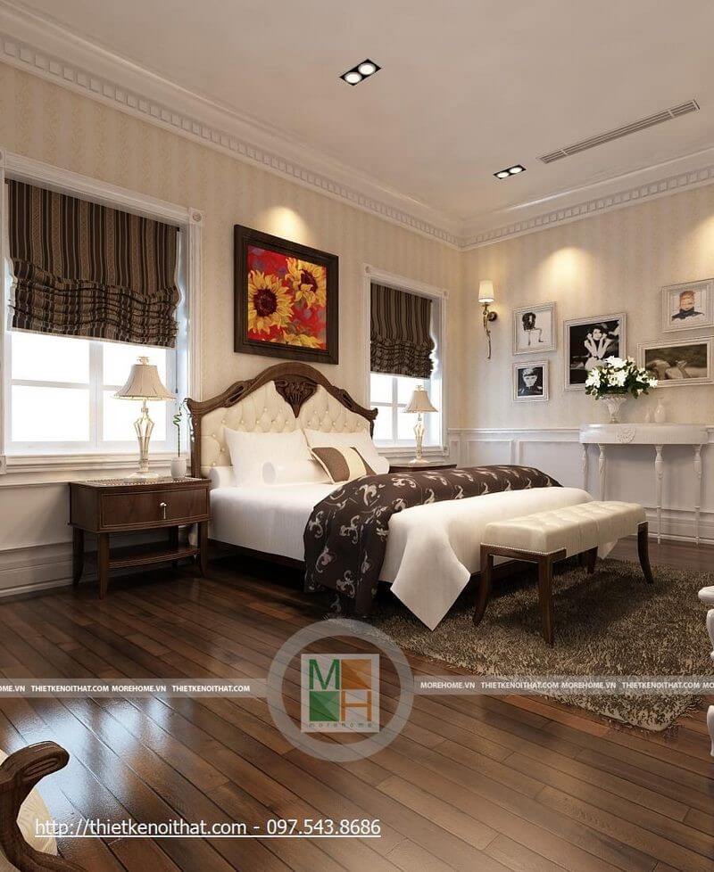 Thiết kế nội thất gỗ tự nhiên cho phòng ngủ tân cổ điển cao cấp, sang trọng Mẫu nội thất biệt thự đẹp