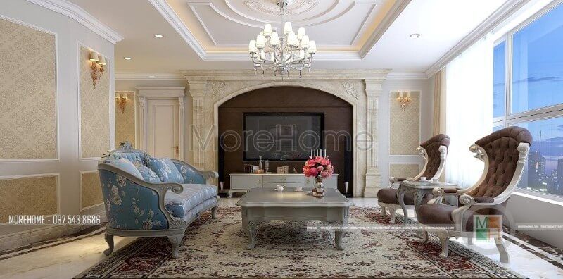 Thiết kế nội thất phòng khách chung cư phong cách tân cổ điển với tone màu sáng mang lại cho chúng ta cảm giác cơi nới về không gian và tạo độ thoáng cho căn phòng