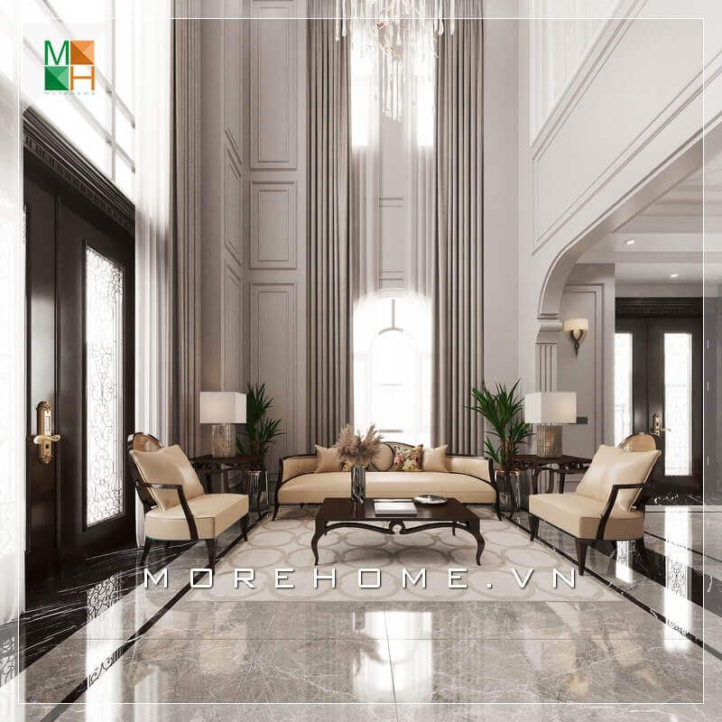 Thiết kế không gian phòng khách tân cổ điển rộng và đẳng cấp với mẫu bàn ghế phòng khách bàn gỗ tự nhiên cao cấp, ghế sofa bọc da sang trọng.