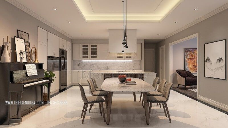 Thiết kế phòng ăn và phòng bếp liền kề nhau, bàn ăn được đặt giữa không gian thiết kế khá đơn giản với 6 chiêc ghế Grance bọc nệm và chiếc bàn với mặt bàn được làm bằng đá nhân tạo Ơđẹp mắt| ấn tượng}