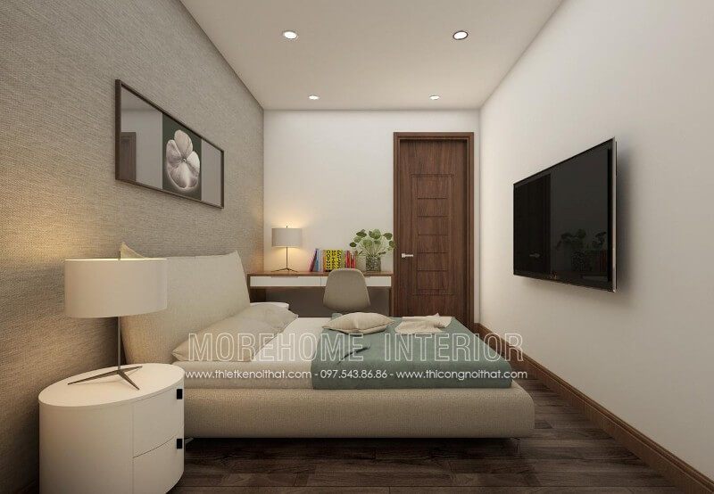 Khung gỗ tự nhiên bọc vải xám màu kết hợp chân sắt phun sơn tĩnh điện với những đường nét mảnh mai tạo nên một chiếc giường vừa rộng rãi thoải mái mà vẫn rất cứng cáp.