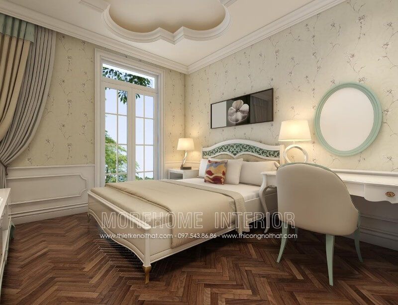 Giường ngủ tân cổ điển với lối thiết kế nhẹ nhàng, phần chân giường thanh mảnh mang lại không gian căn phòng thêm rộng thoáng hơn