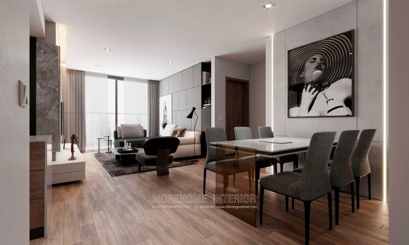 Thiết kế chung cư hiện đại,khu vực sinh hoạt chung được thiết kế liền kề, phần cửa hướng ra ban công kích thước lớn mang lại ánh sáng và không khí trong lành cho căn phòng bớt ngột ngạt