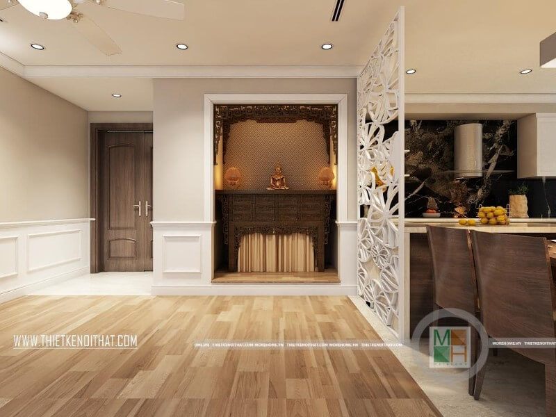 Mẫu bàn thờ gỗ đẹp với kiểu dáng ấn tượng từ đường nét chạm tinh tế đòi hỏi người thợ phải có tay nghề cao kết hợp vách cnc trang trí khiên không gian thờ cúng thêm phân trang trọng, tôn nghiêm.