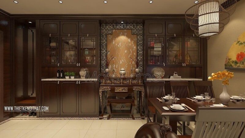 Mẫu bàn thờ gỗ chung cư thiết kế ấn tượng phù hợp với kiểu phong cách thiết kế Á Đông