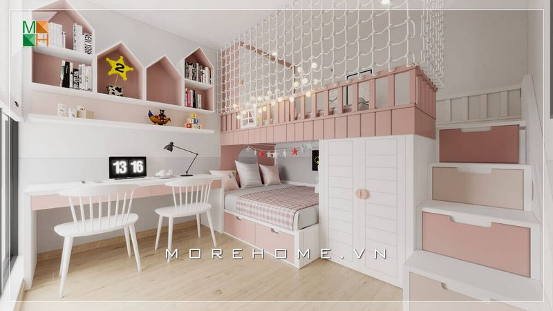 Mẫu thiết kế giường ngủ 2 tầng hiện đại, công năng rất tiện lợi cho bé. Sử dụng 2 tone màu chủ đạo là hồng và trắng rất dễ thương.