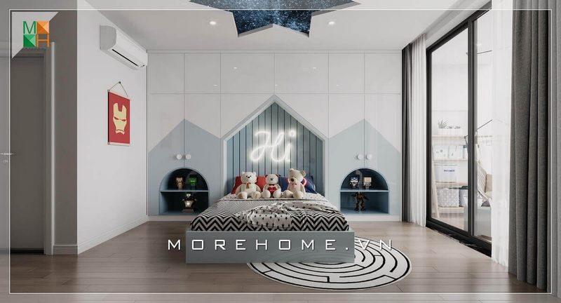 Mẫu giường ngủ hiện đại thiết kế thông minh tone màu xanh nhạt rất ấn tượng.