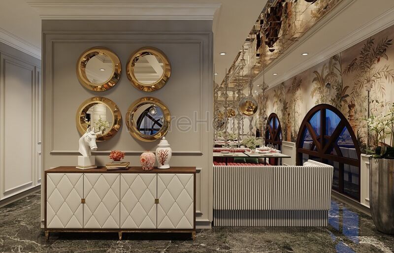 Nhà hàng được thiết kế theo phong cách tân cổ điển kiểu Pháp, được chỉnh sửa từng đường nét như đèn thả trần, gương decor, tranh và bộ bàn ghế nệm bàn ăn sử dụng chất liệu nỉ bọc sofa nệm cao cấp.