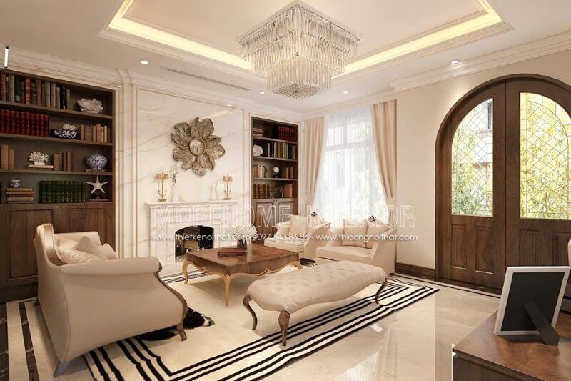 .
Gỗ óc chó nhập khẩu là chất liệu chủ đạo, được kết hợp với đá ốp tường cao cấp, thảm trải sàn, đèn chùm, kệ tủ, lò sưởi... để tạo nên một không gian phòng khách hoàn mỹ và sang trọng nhất.